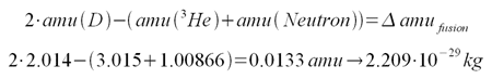 Amu difference4.037 - 4.027 = 0.0133 amu ->2.209E-29 kg